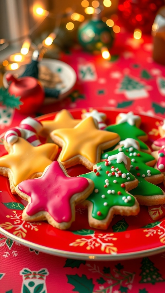 Classic 80s Christmas Cookies Recipe A plate of decorated Christmas cookies in festive shapes on a holiday table.